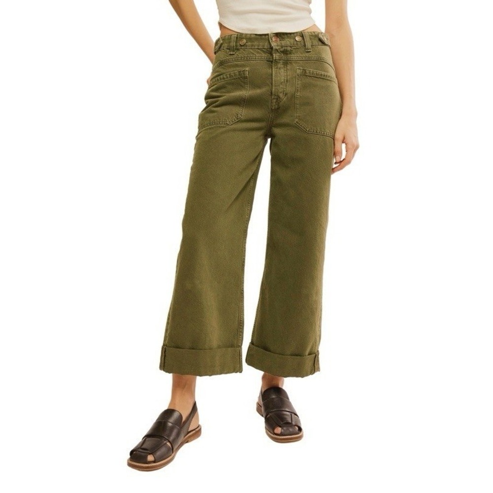 $128 We The Free Palmer Wide Leg Baggy Loose Fit Cuffed Jean Size 28 Army
